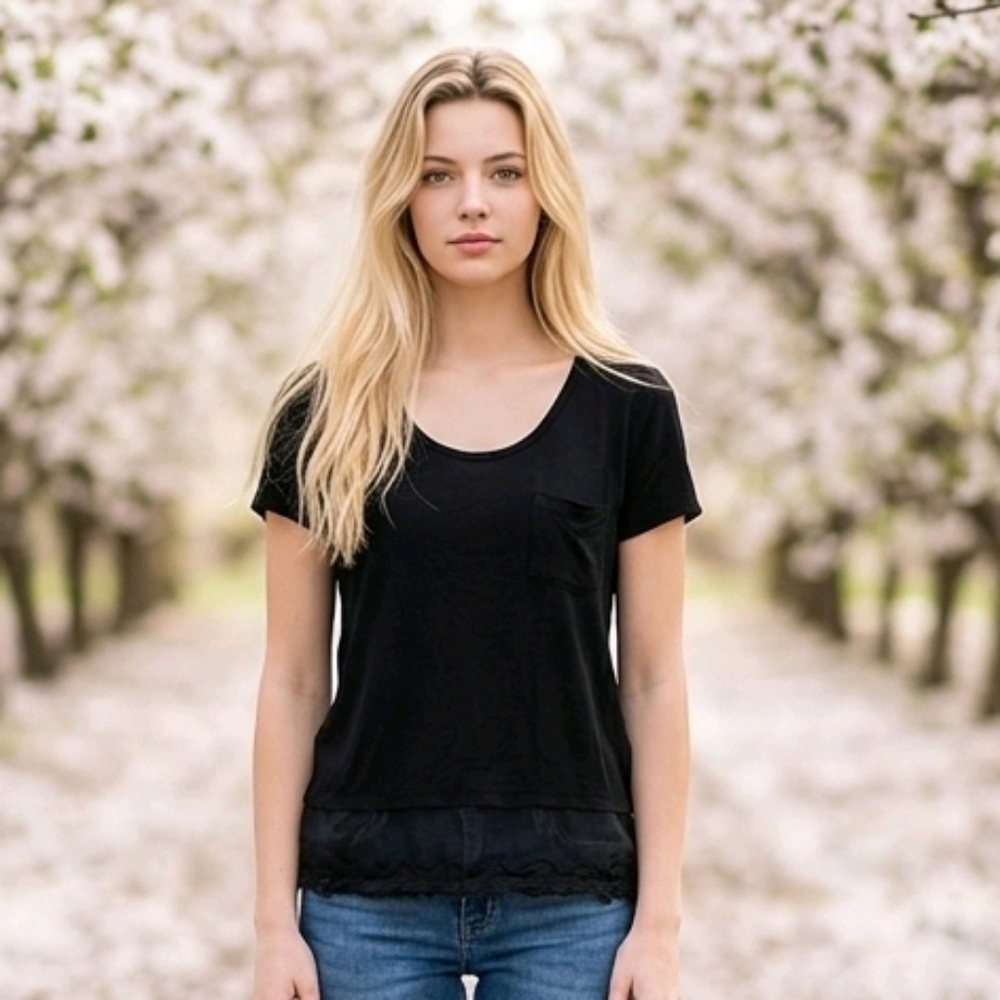 Zenana Black Short Sleeve Pocket Tee Layered Look Lacy Mesh Hem Small Stretchy